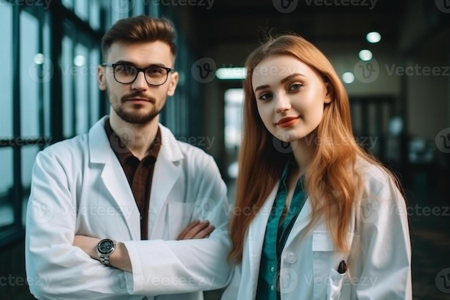 Portrait of confident doctors standing with crossed arms in modern hospital corridor photo
