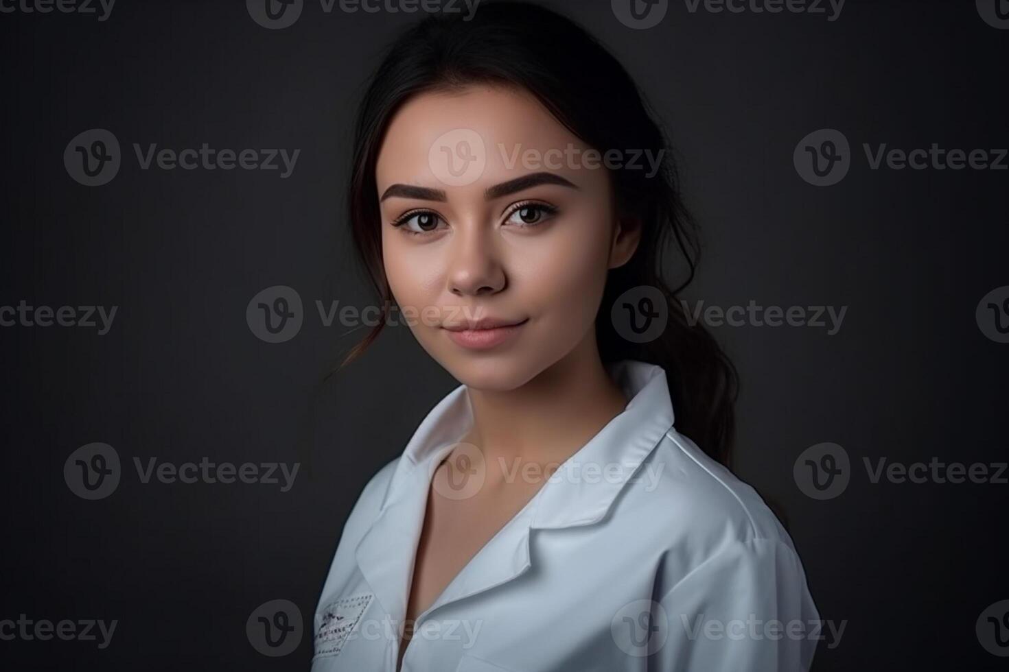 Portrait of young female doctor in white coat on gray background. photo