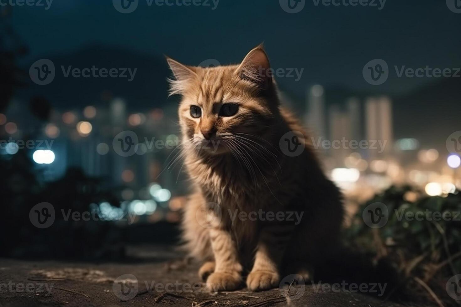 Cute little kitten with blue eyes looking at the city at night photo