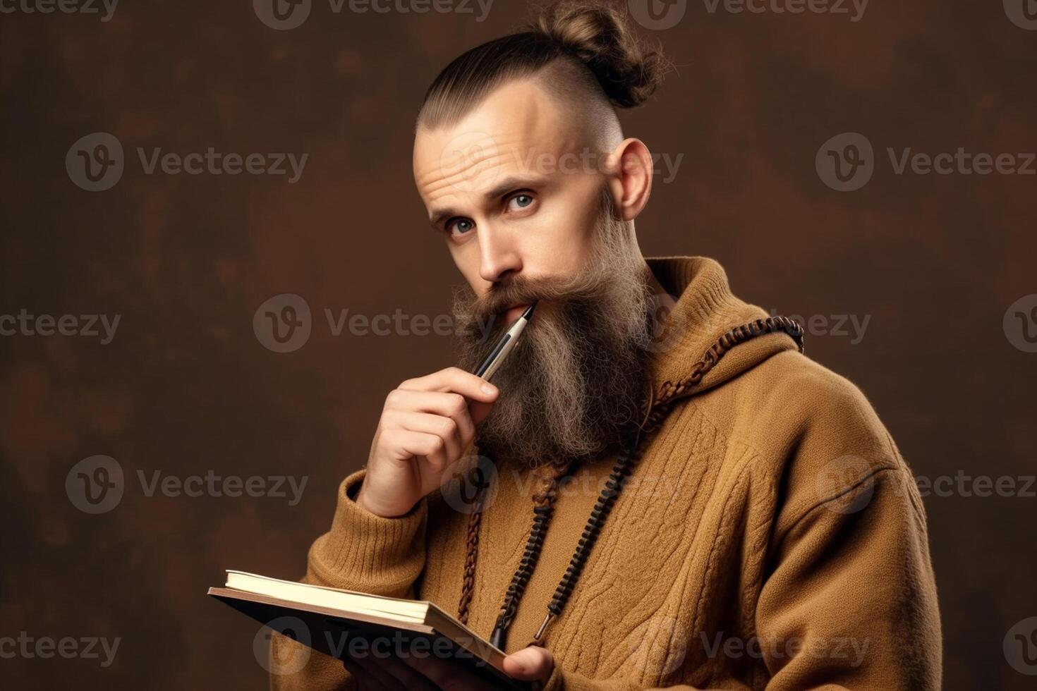 ai generativo retrato de un barbado hombre con un libro en su manos en un marrón antecedentes foto
