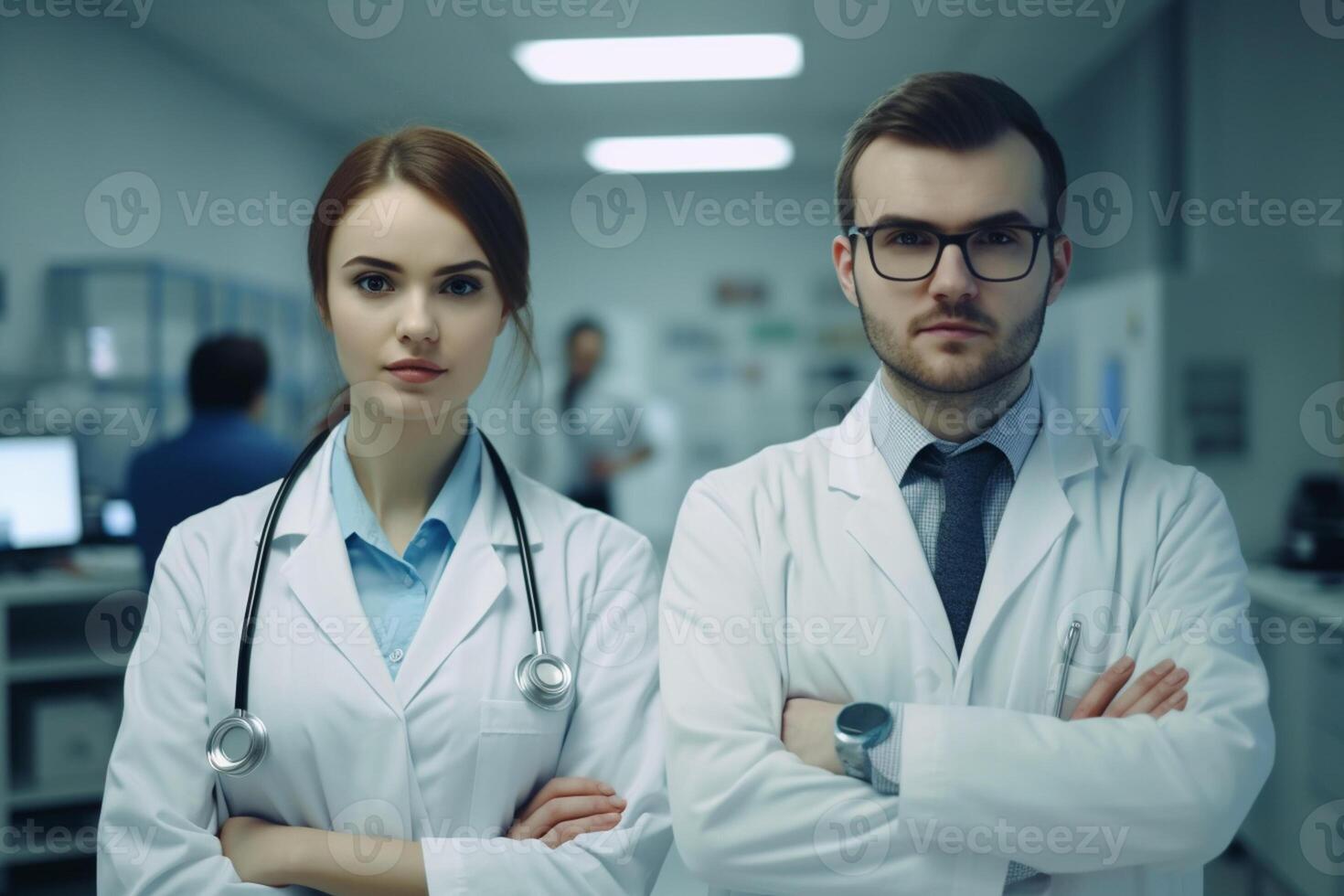 Portrait of confident doctors standing with crossed arms in modern hospital corridor photo