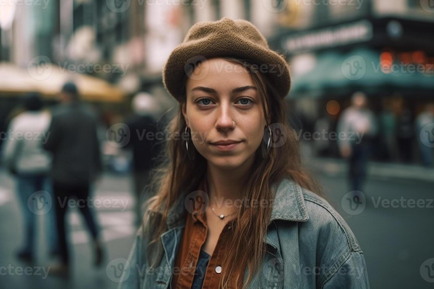 Portrait of a young beautiful girl in a hat on the street photo