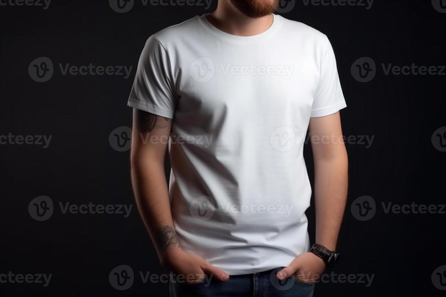 Ai generative Man in blank white t-shirt on dark background. Mockup for design photo