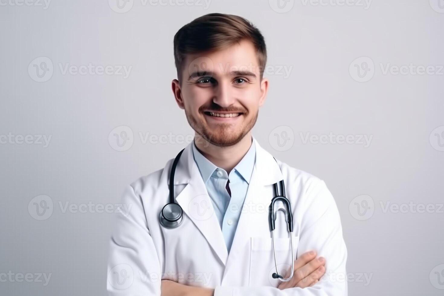 ai generativo retrato de confidente masculino médico en blanco Saco y estetoscopio en pie con brazos cruzado y mirando a cámara foto