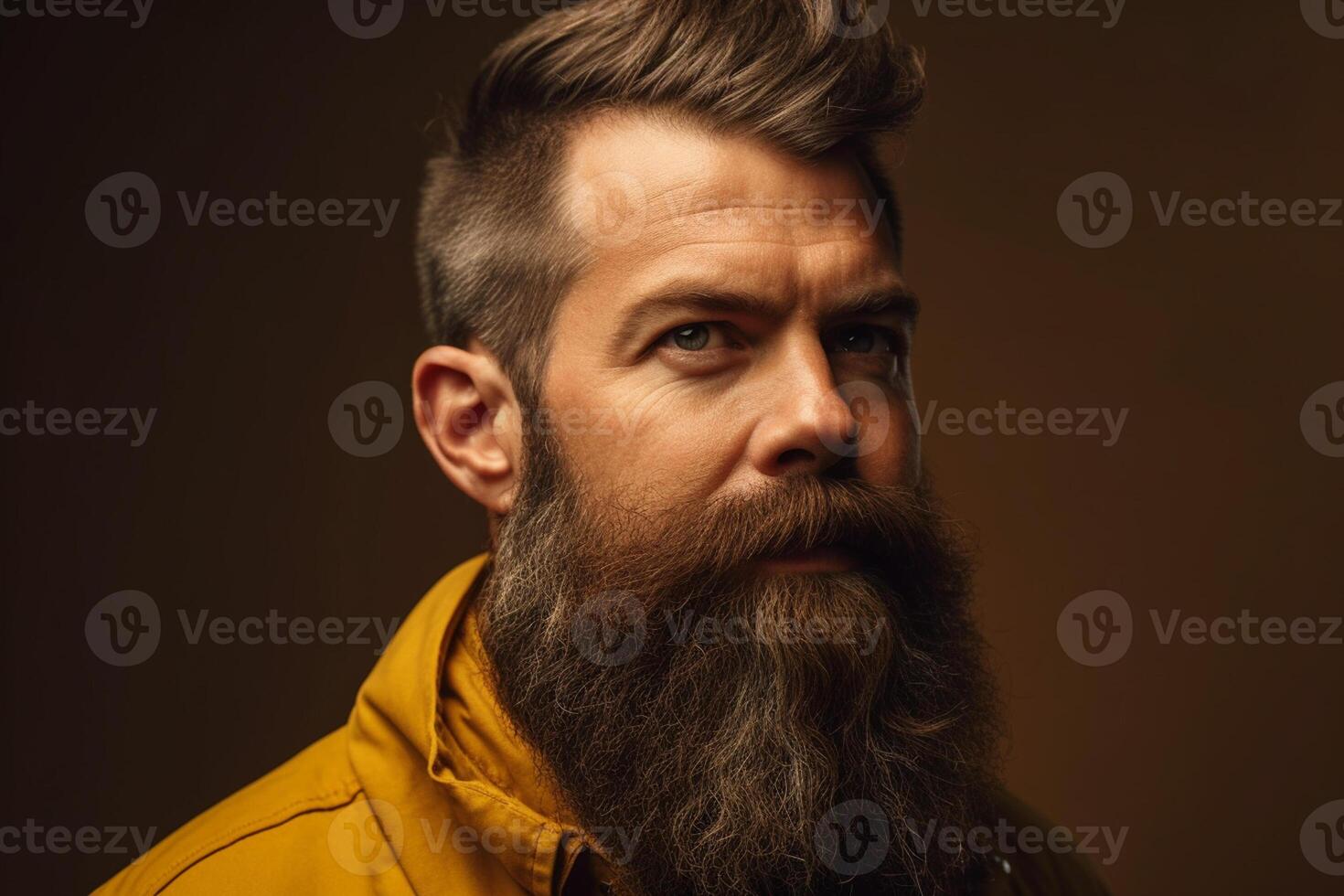 ai generativo retrato de un hermoso hombre en un amarillo chaqueta con largo barba y Bigote en marrón antecedentes foto