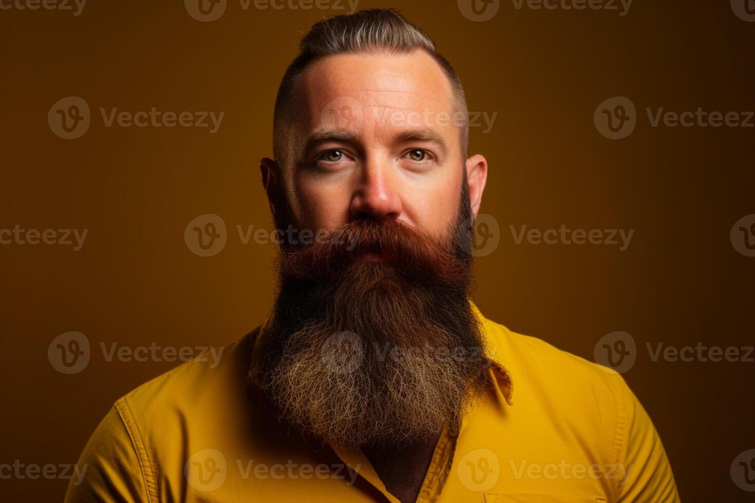 ai generativo retrato de un hermoso hombre en un amarillo chaqueta con largo barba y Bigote en marrón antecedentes foto