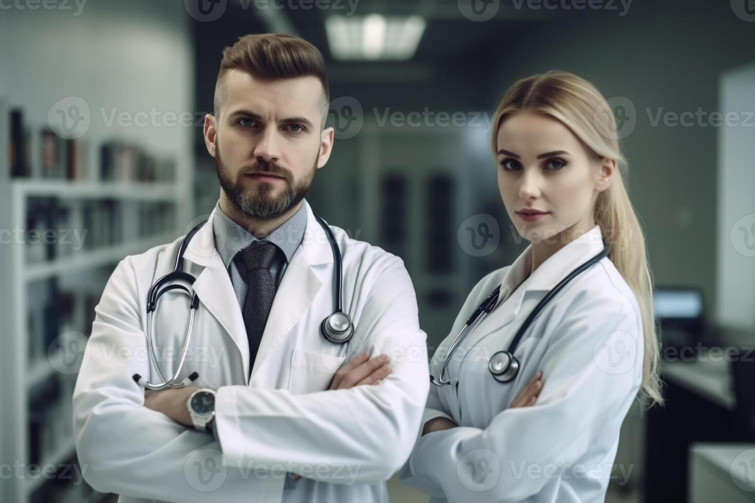 ai generativo retrato de confidente doctores en pie con cruzado brazos en moderno hospital corredor foto
