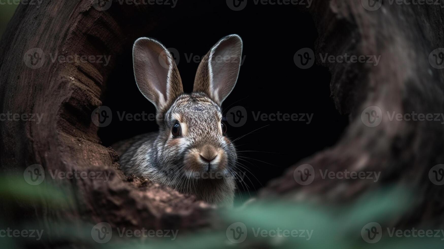 Rabbit looking out of a hole in a tree trunk in the forest photo