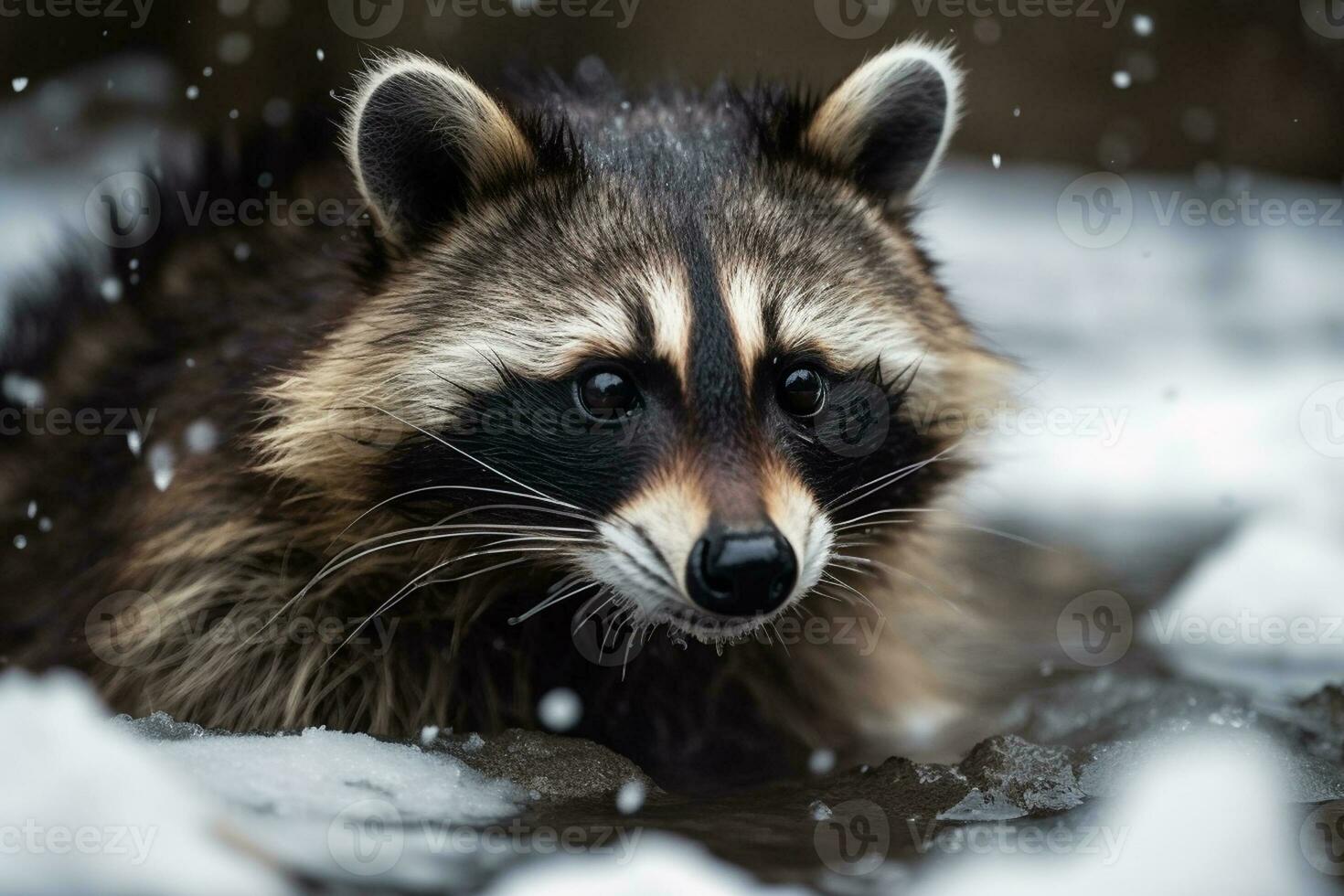 Portrait of a raccoon in the winter forest. Animal in the snow Ai generative photo