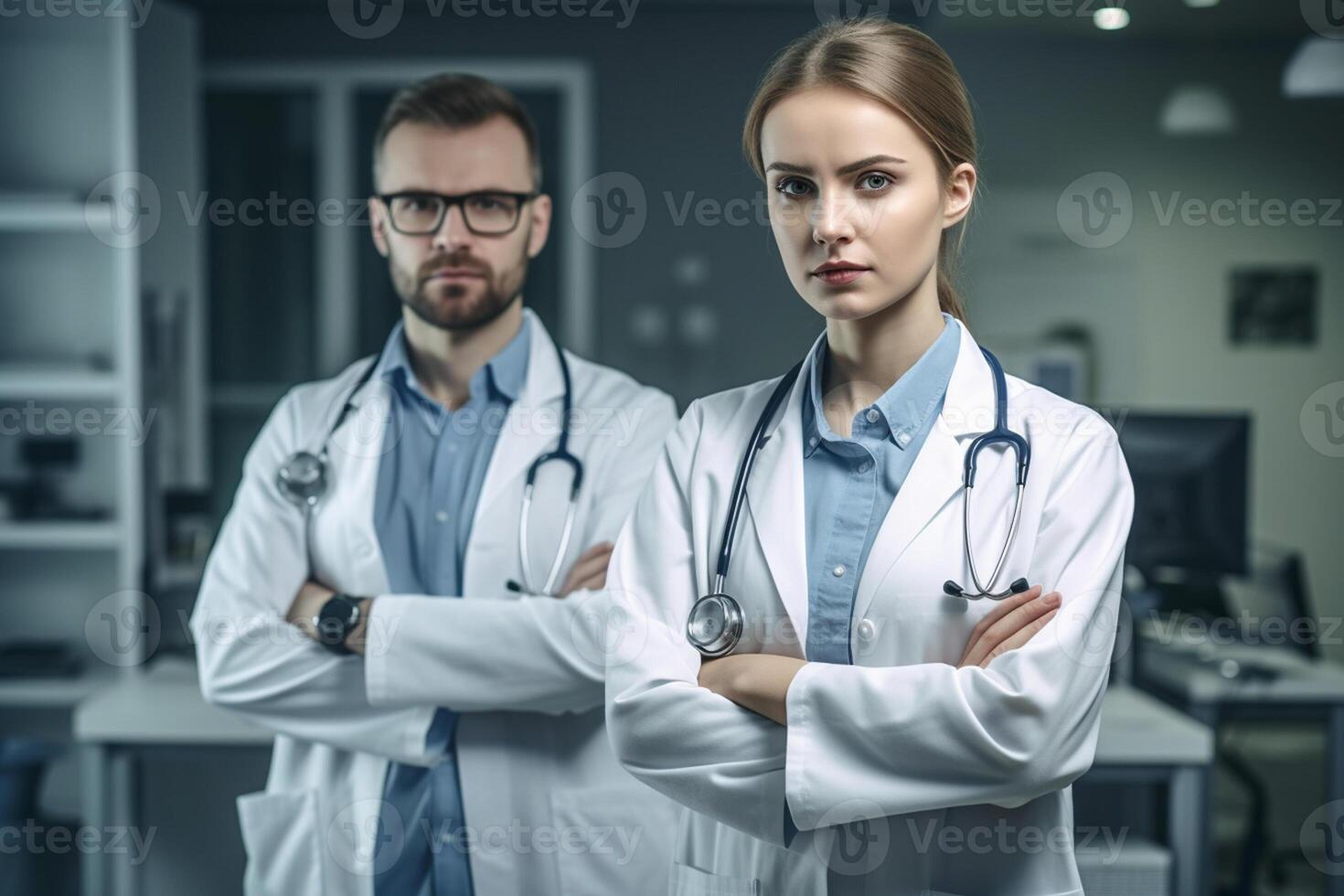 Portrait of confident doctors standing with crossed arms in modern hospital corridor photo
