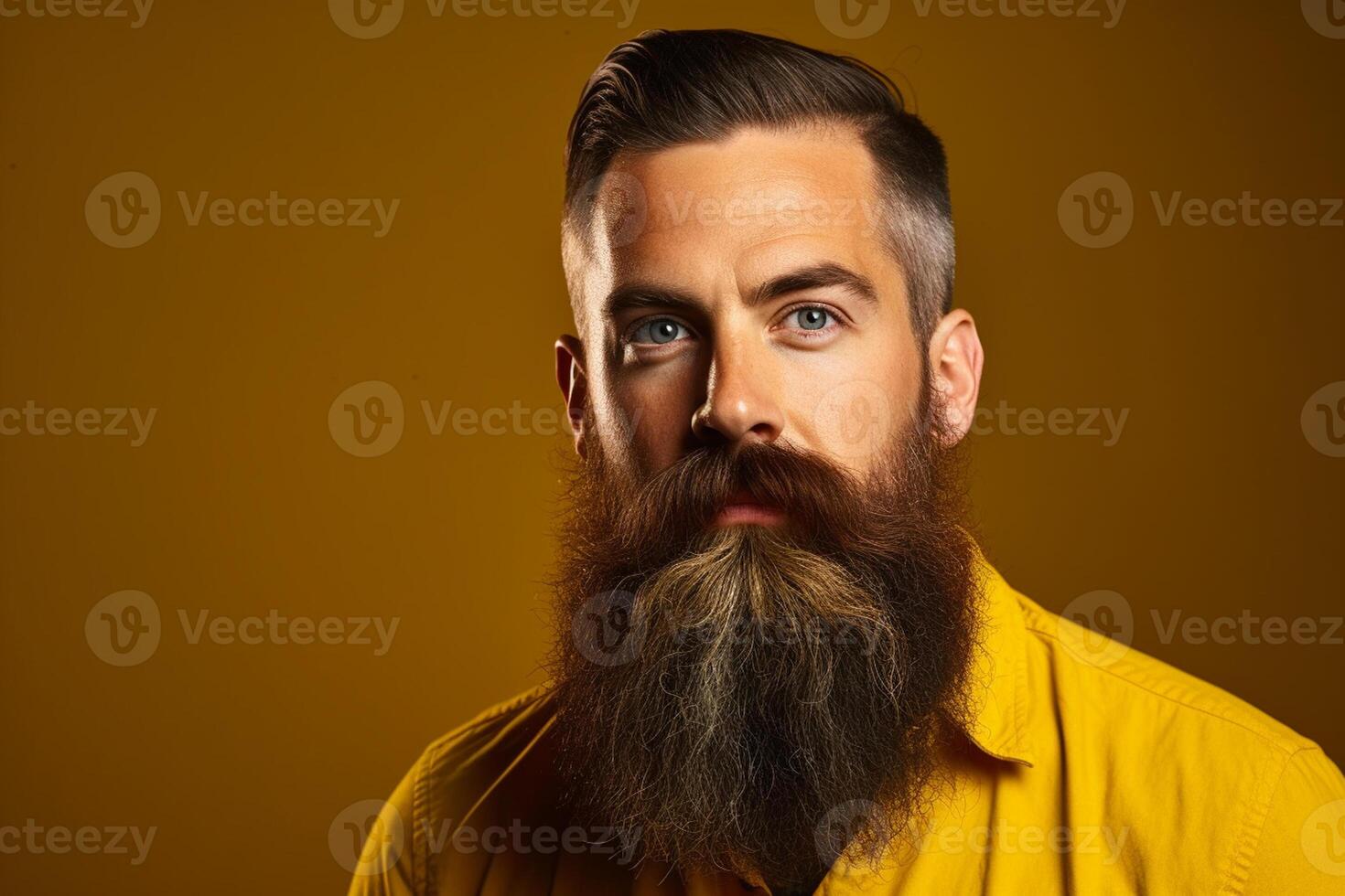 Portrait of a handsome man in a yellow jacket with long beard and mustache on brown background photo