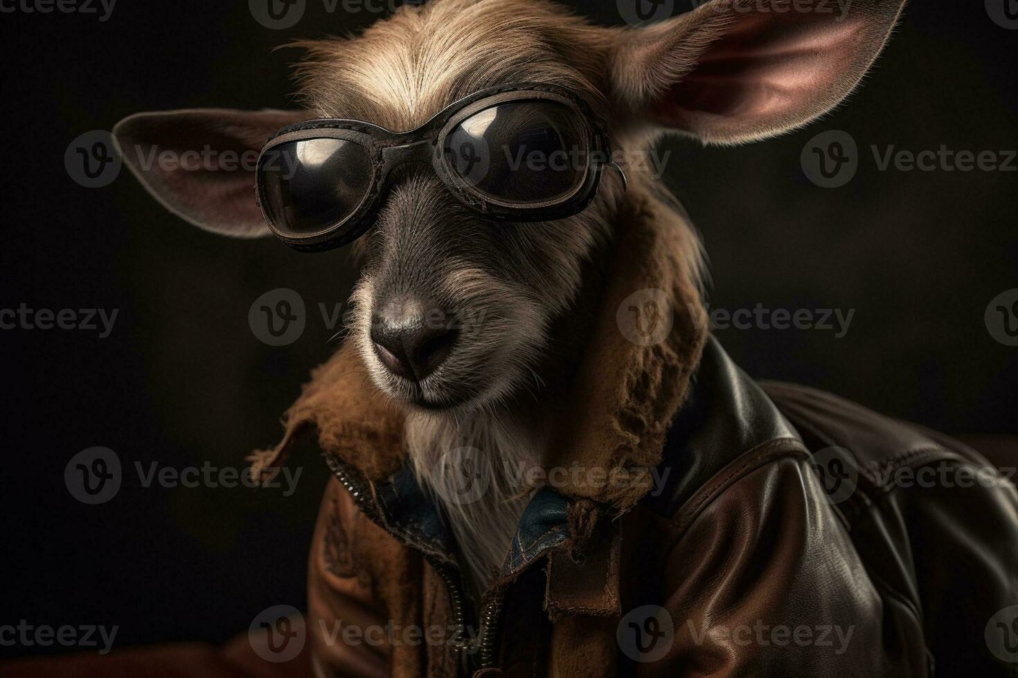 Little goat in a brown leather jacket on a dark background with vintage equipment Ai generative photo