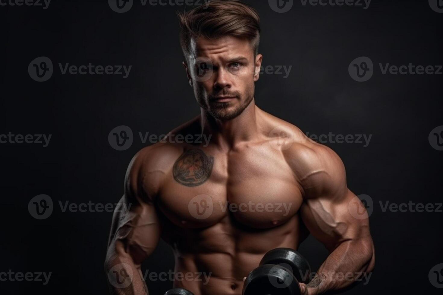 Muscular man working out with dumbbells in the gym. photo