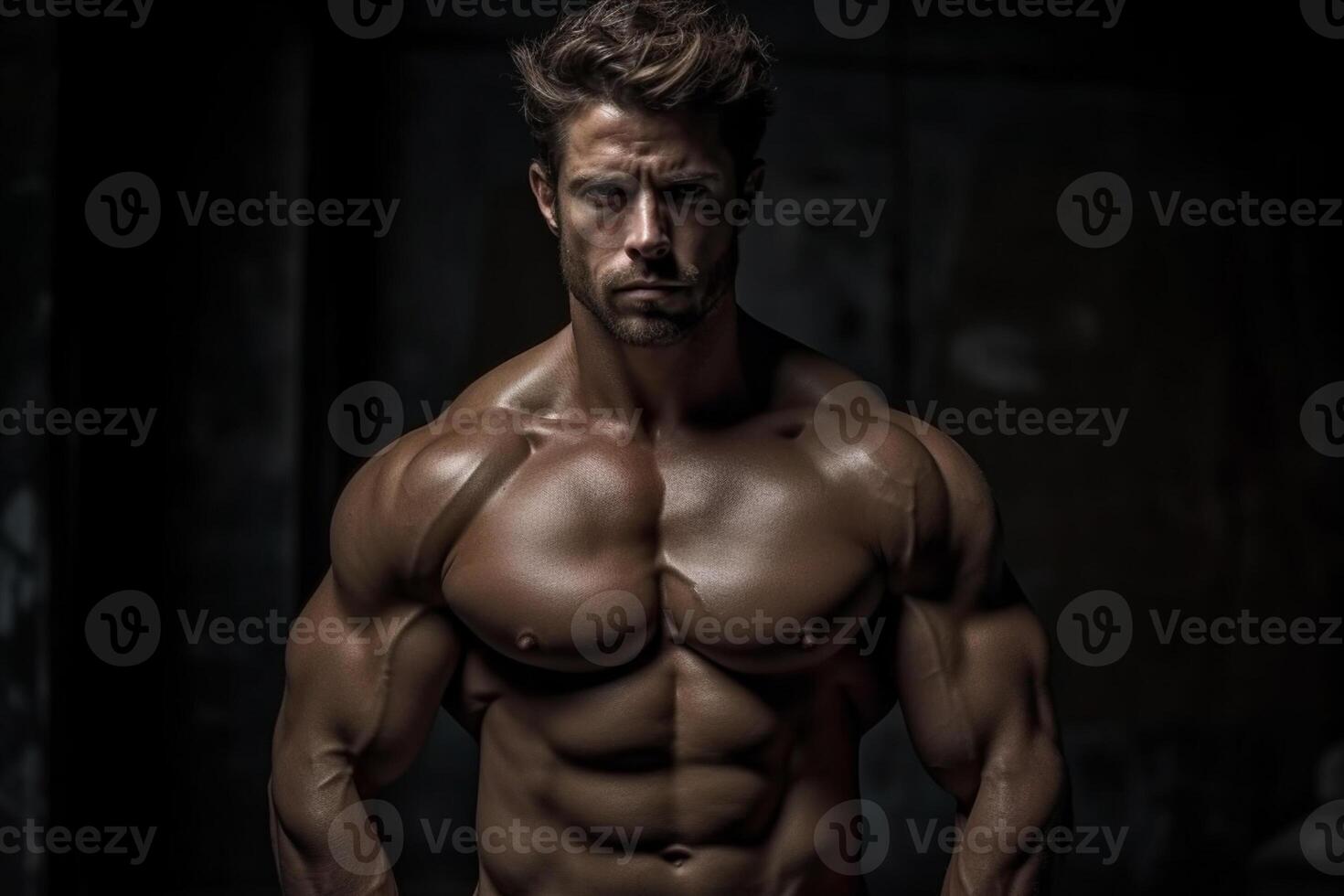 Handsome young man with muscular body posing in studio on dark background photo