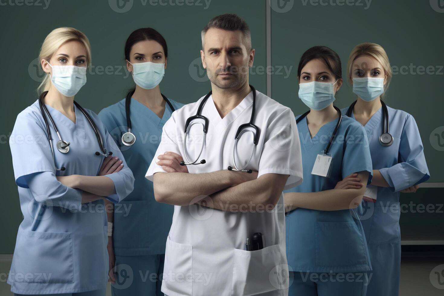 Portrait of confident medical team standing with arms crossed in modern hospital photo