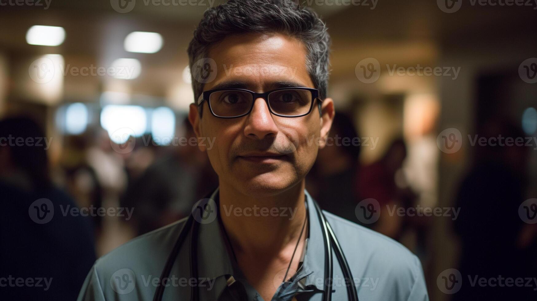 Portrait of doctor standing in corridor at hospital. Doctor looking at camera. photo