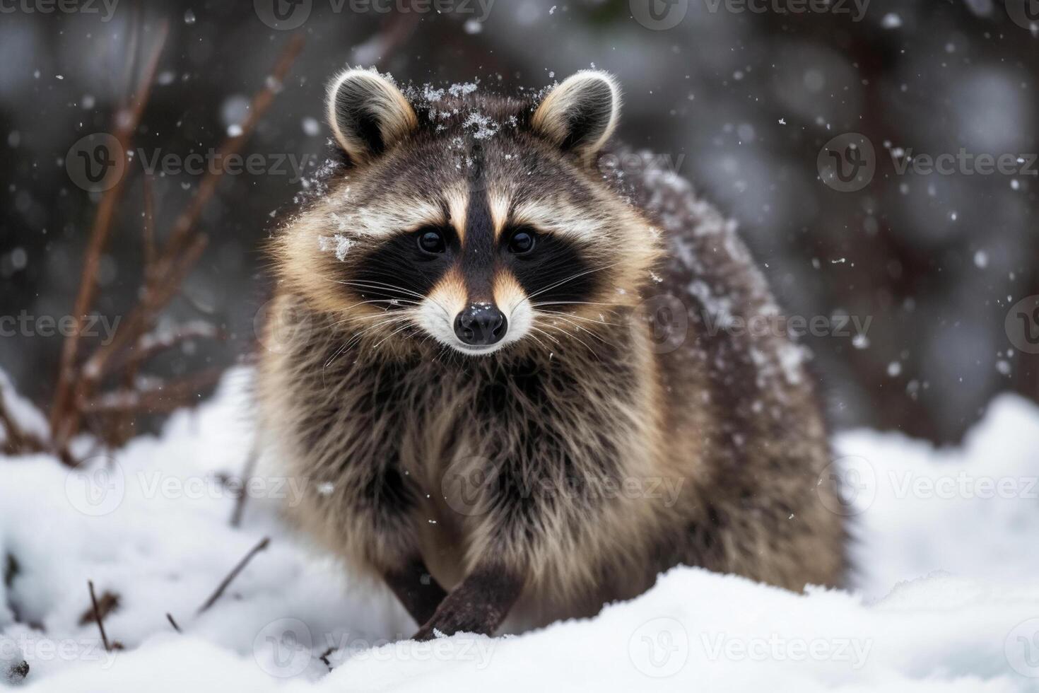 Portrait of a raccoon in the winter forest. Animal in the snow Ai generative photo