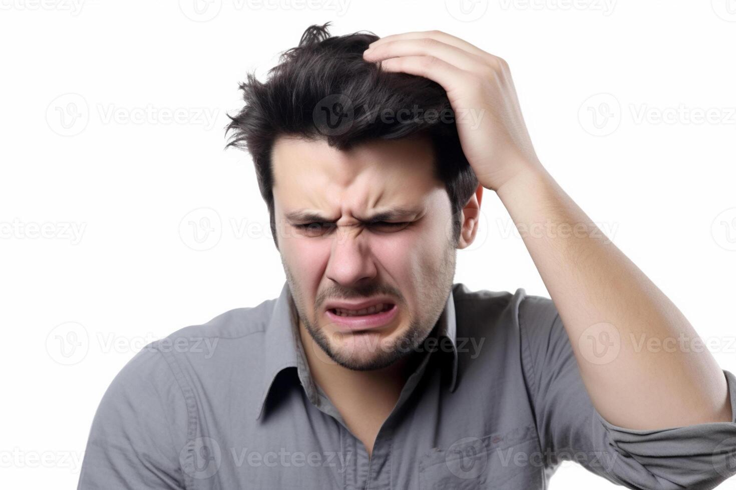 Frustrated young man with a headache isolated on a white background photo