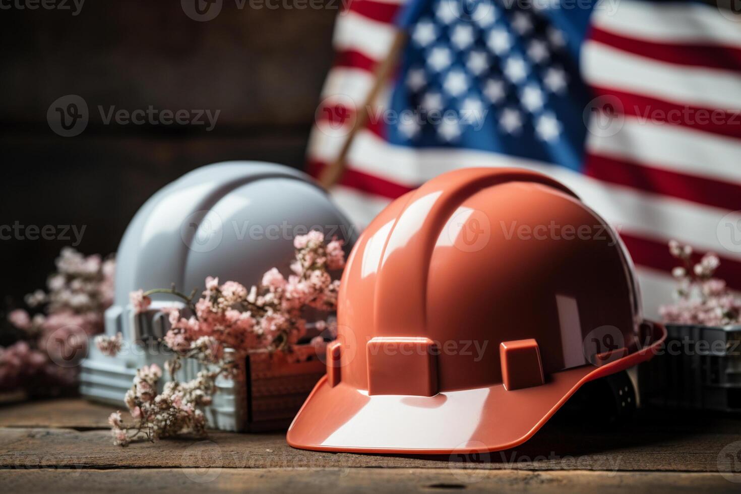 Hard hat with USA flag on wooden background. Labor day concept. photo