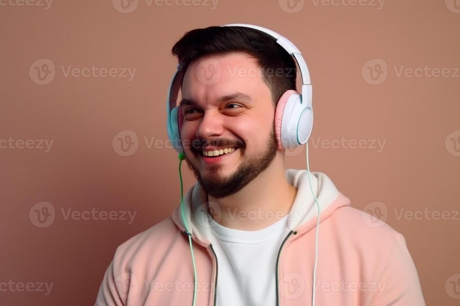 Portrait of a young man listening to music with headphones on a solid background photo