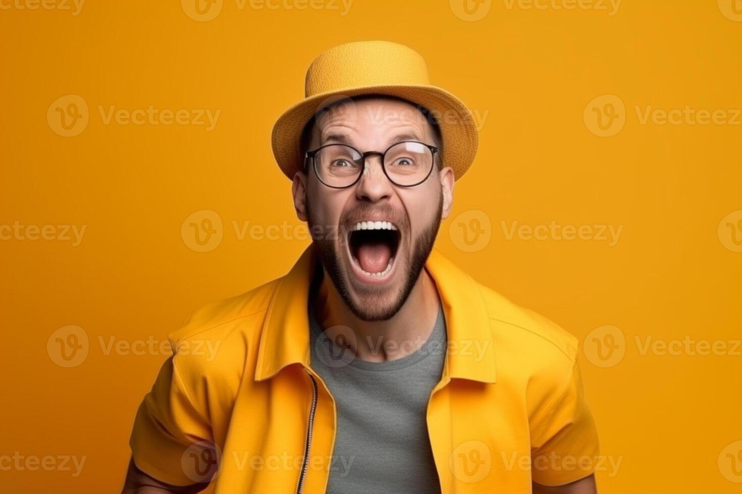 Portrait of a young man screaming isolated over yellow background photo