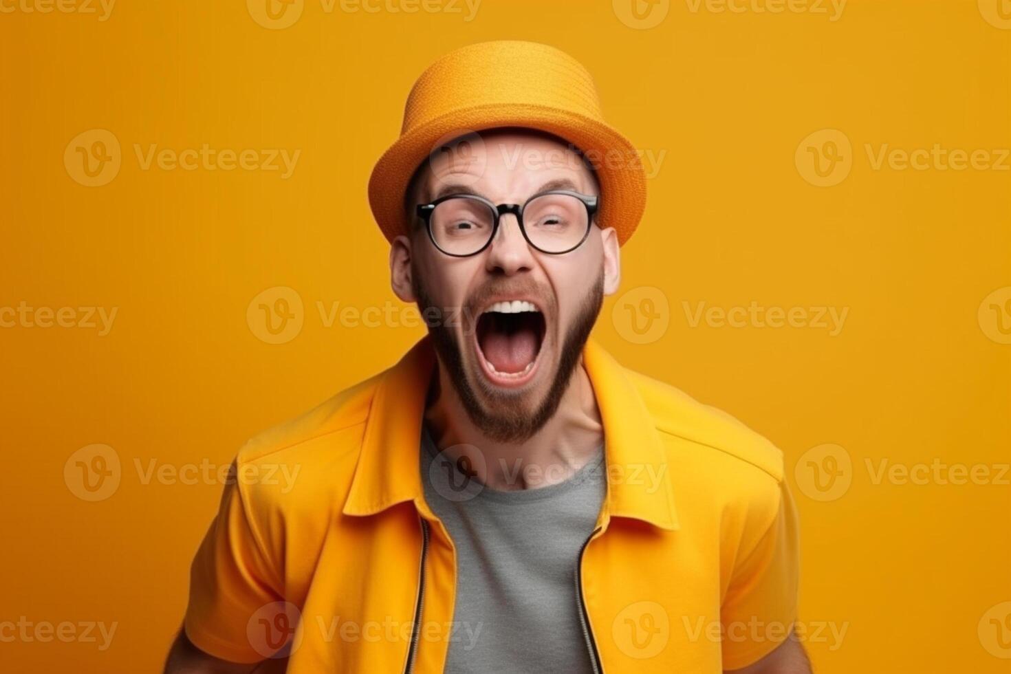 Portrait of a young man screaming isolated over yellow background photo