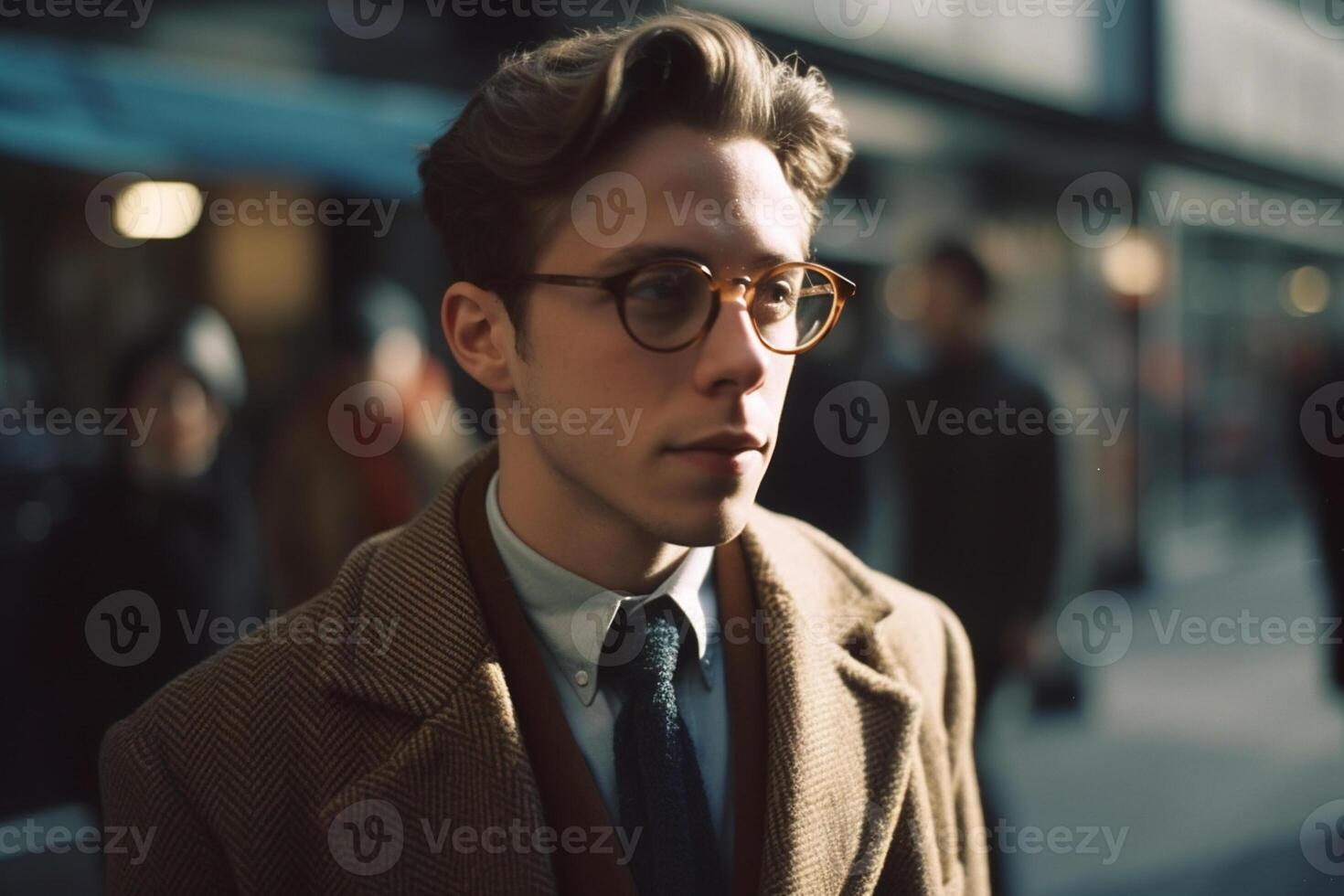 Portrait of mature man in eyeglasses looking away on the street photo