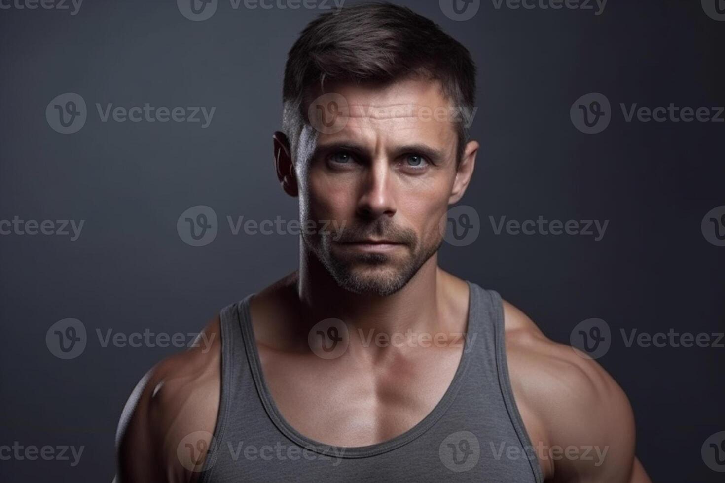 Handsome young man with muscular body posing in studio on dark background photo
