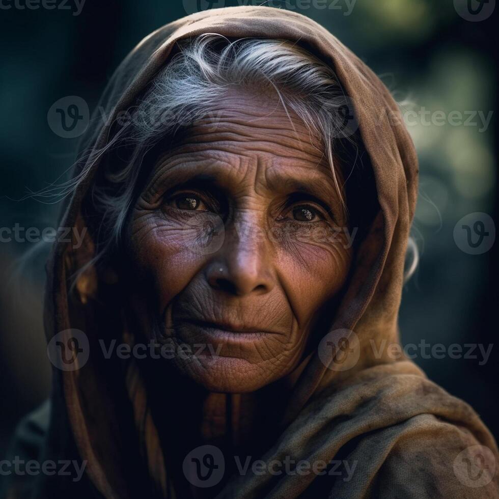 ai generativo retrato de un antiguo indio mujer en el bosque. Clásico estilo. foto