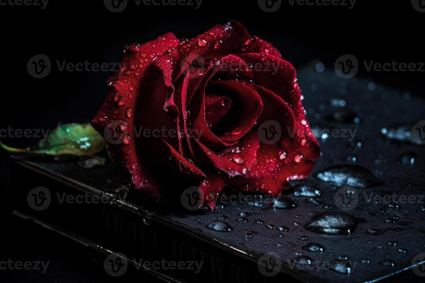 Red rose and old book with water drops on a black background. photo