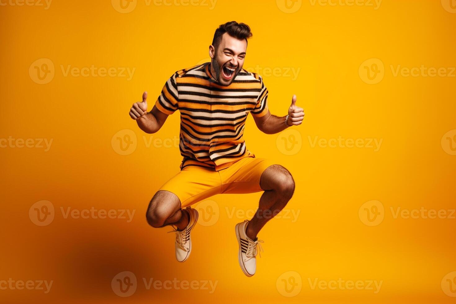 Full length portrait of a happy young man jumping isolated over yellow background photo