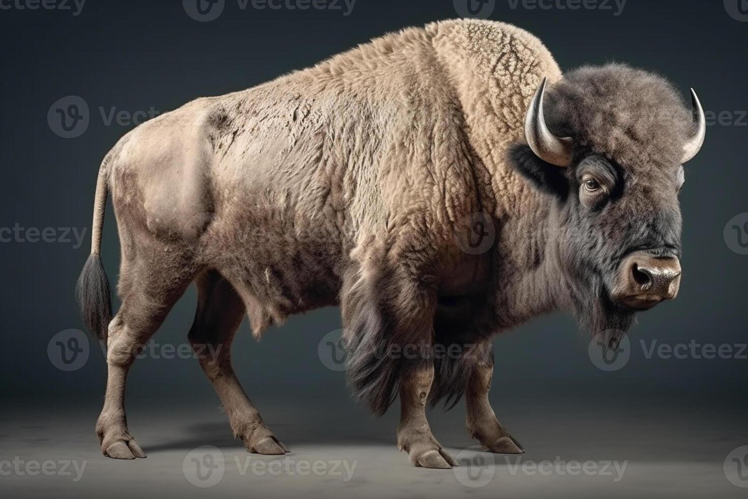 Bison on dark background, side view. 3D illustration photo