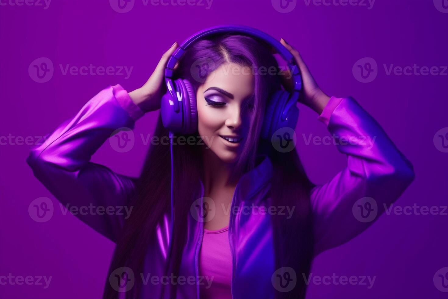 Beautiful young woman listening to music on headphones. Purple background. photo