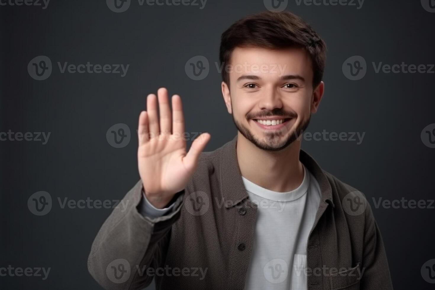 Portrait of a happy young man waving hand isolated over gray background photo