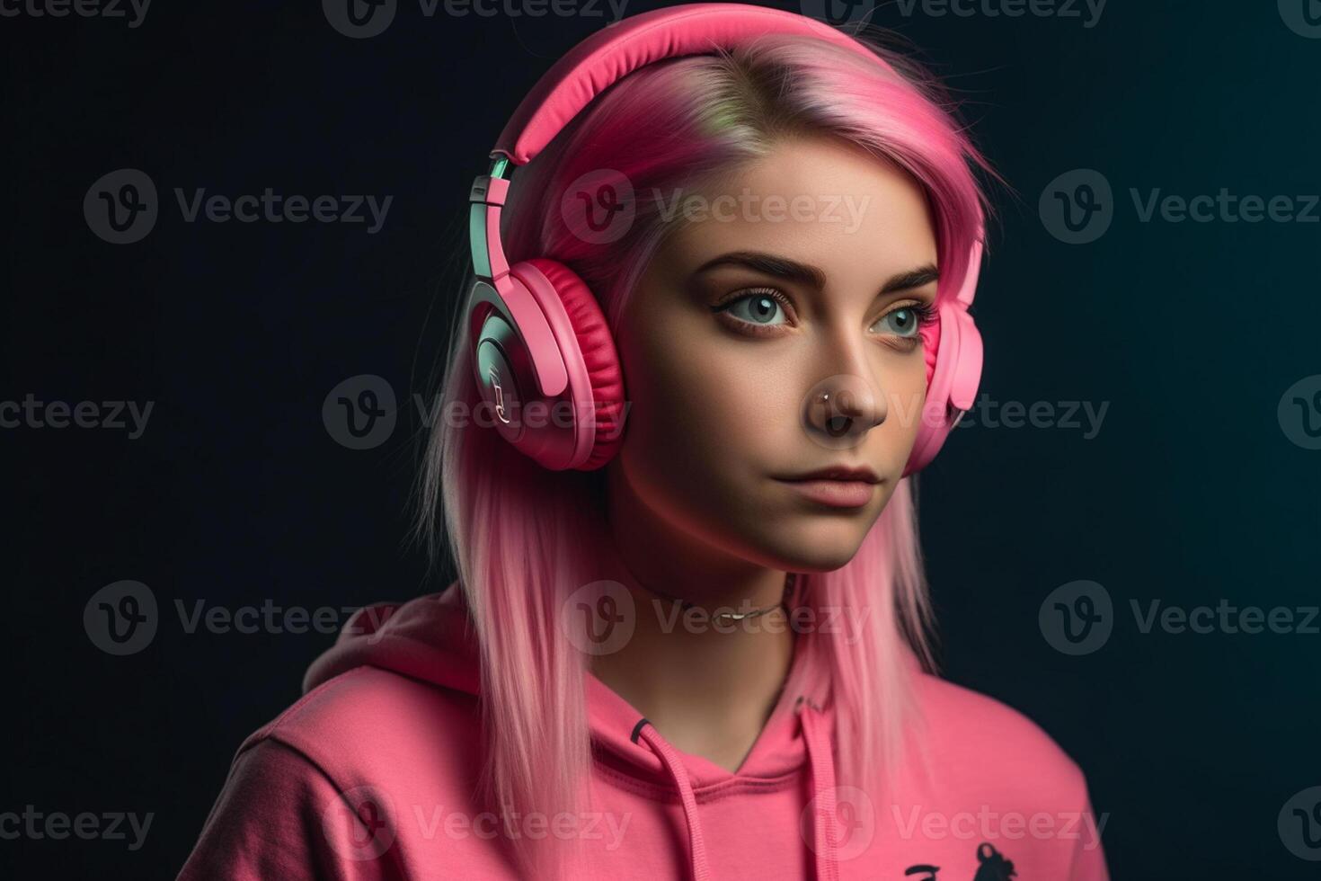 Portrait of beautiful girl with pink hair and headphones on blue background photo