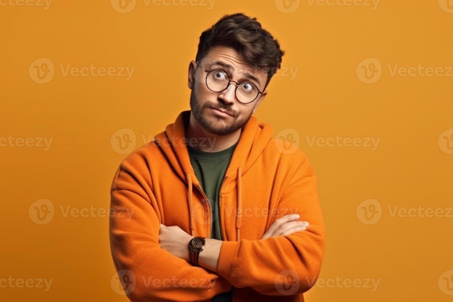 Portrait of a confused young man over solid background photo