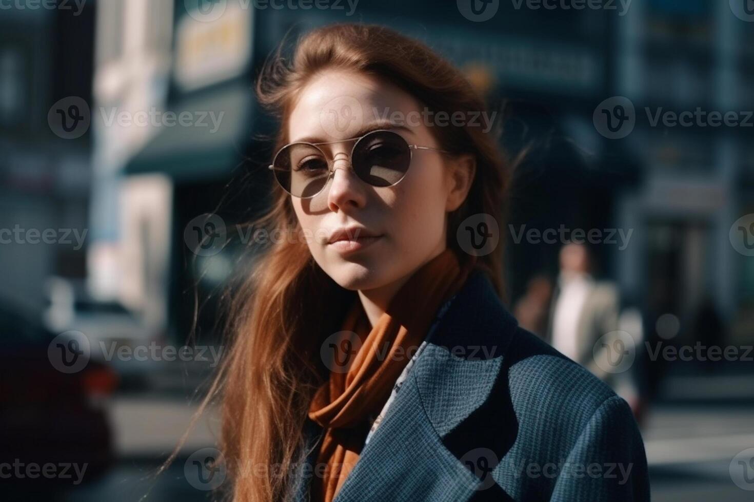 ai generativo hermosa joven mujer en Gafas de sol y Saco mirando lejos mientras caminando en calle foto