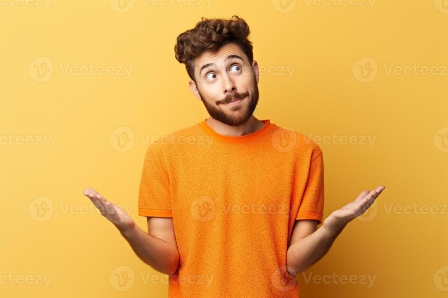 Portrait of a confused young man over solid background shrugging shoulders photo