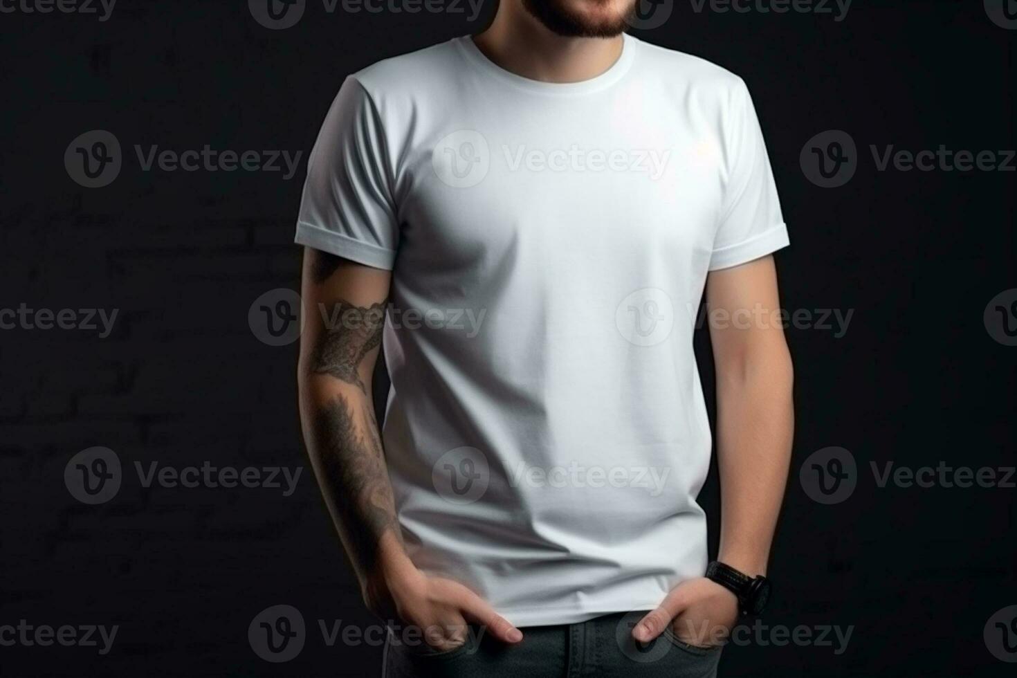 Ai generative Man in blank white t-shirt on dark background. Mockup for design photo