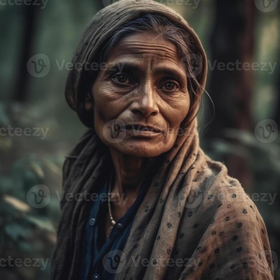 Portrait of an old Indian woman in the forest. Vintage style. photo