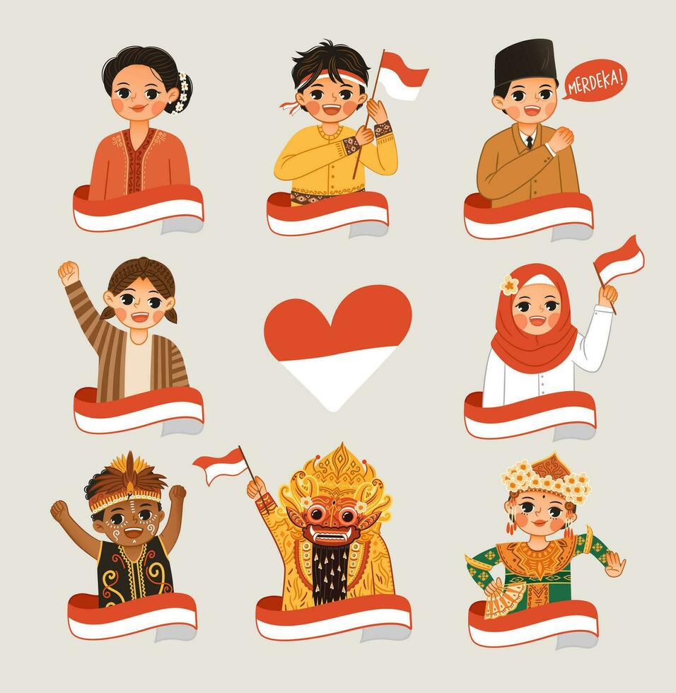 Set of indonesian character holding indonesian flag celebrate indonesia independence day vector