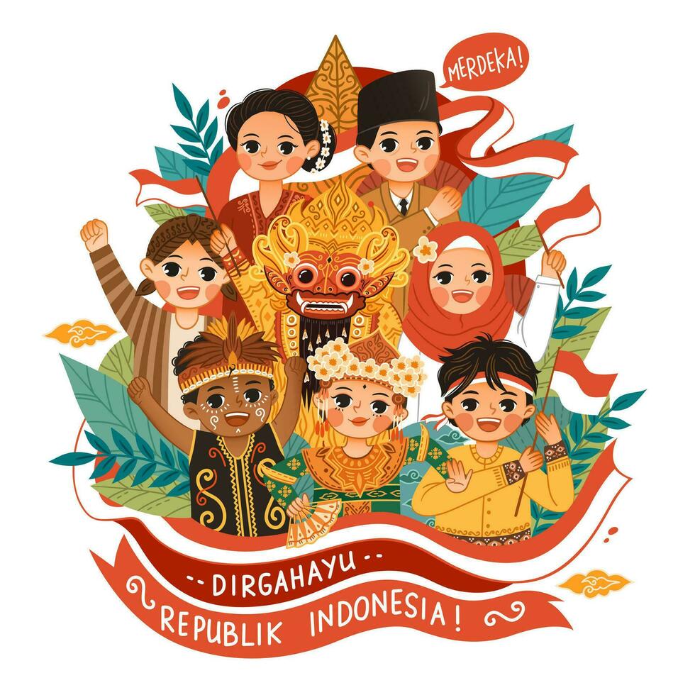 Set of people celebrate indonesia independence day hari kemerdekaan indonesia vector