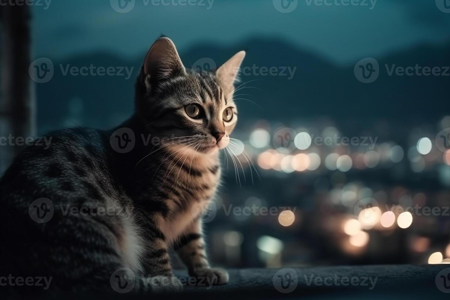 Cute little kitten with blue eyes looking at the city at night photo