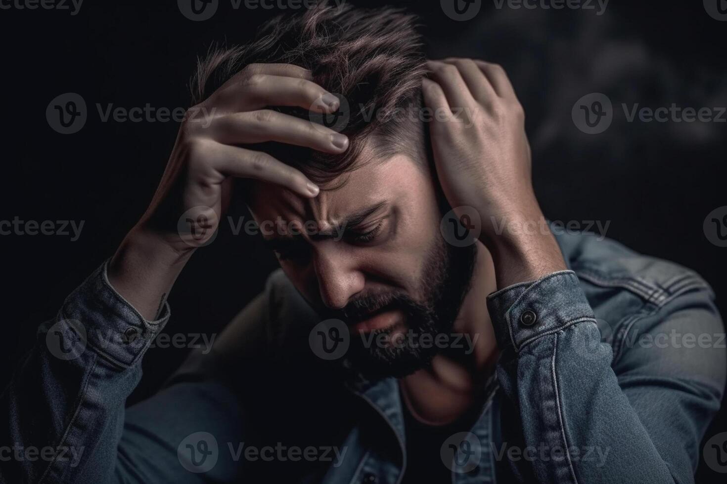 ai generativo triste joven hombre en oscuro antecedentes. depresión y mental salud concepto foto