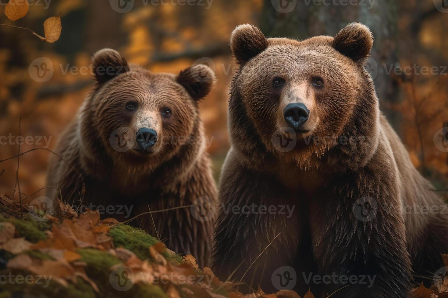 Brown bear and cub in the forest. Wildlife scene from nature photo