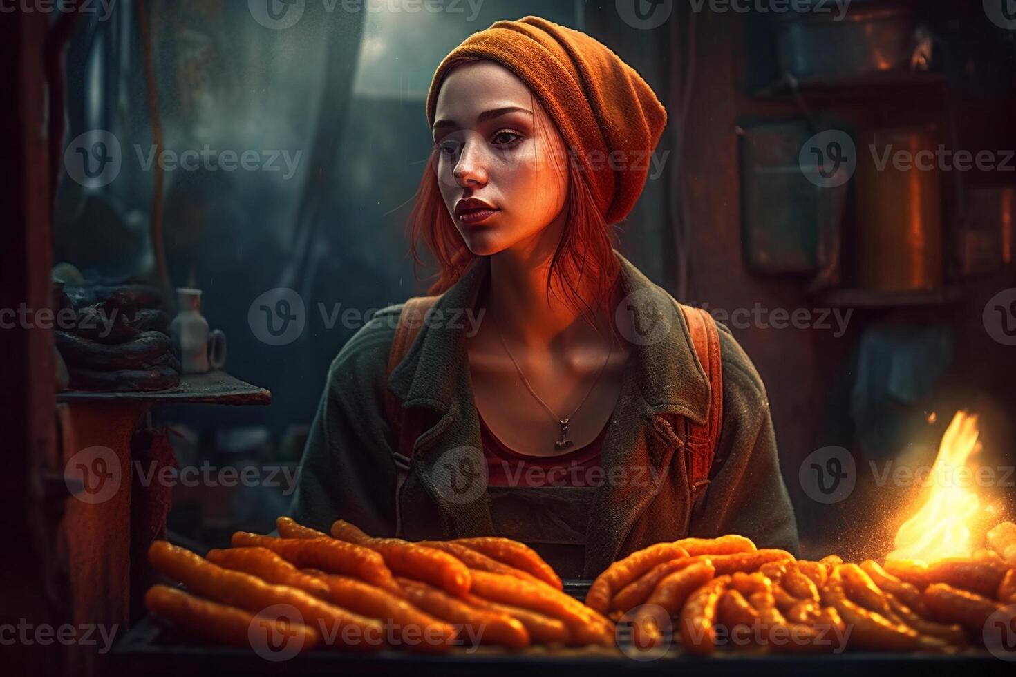 Beautiful red-haired girl in medieval clothes sitting at the table with pretzels photo