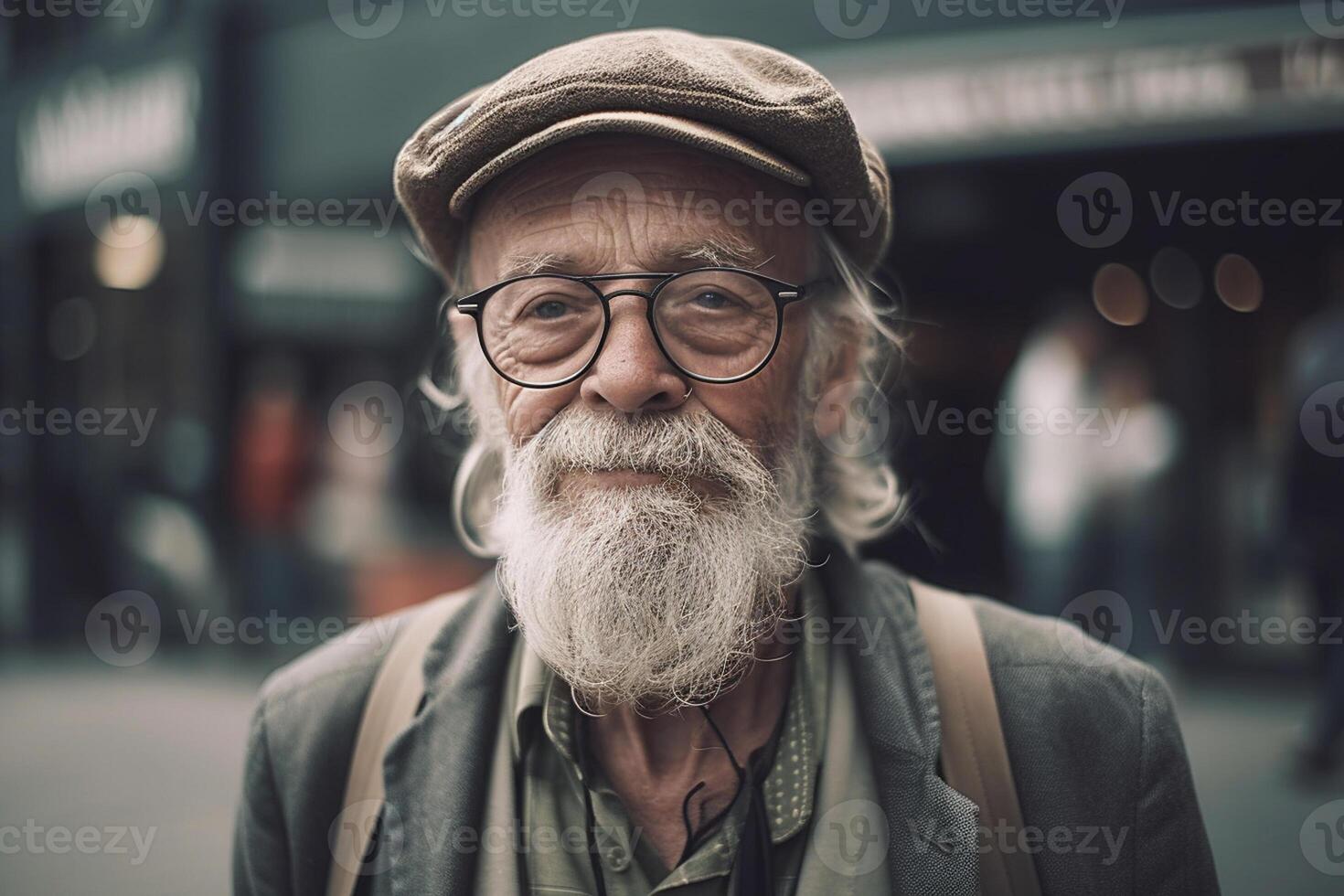 Portrait of man with grey beard wearing spectacles and hat stock photo