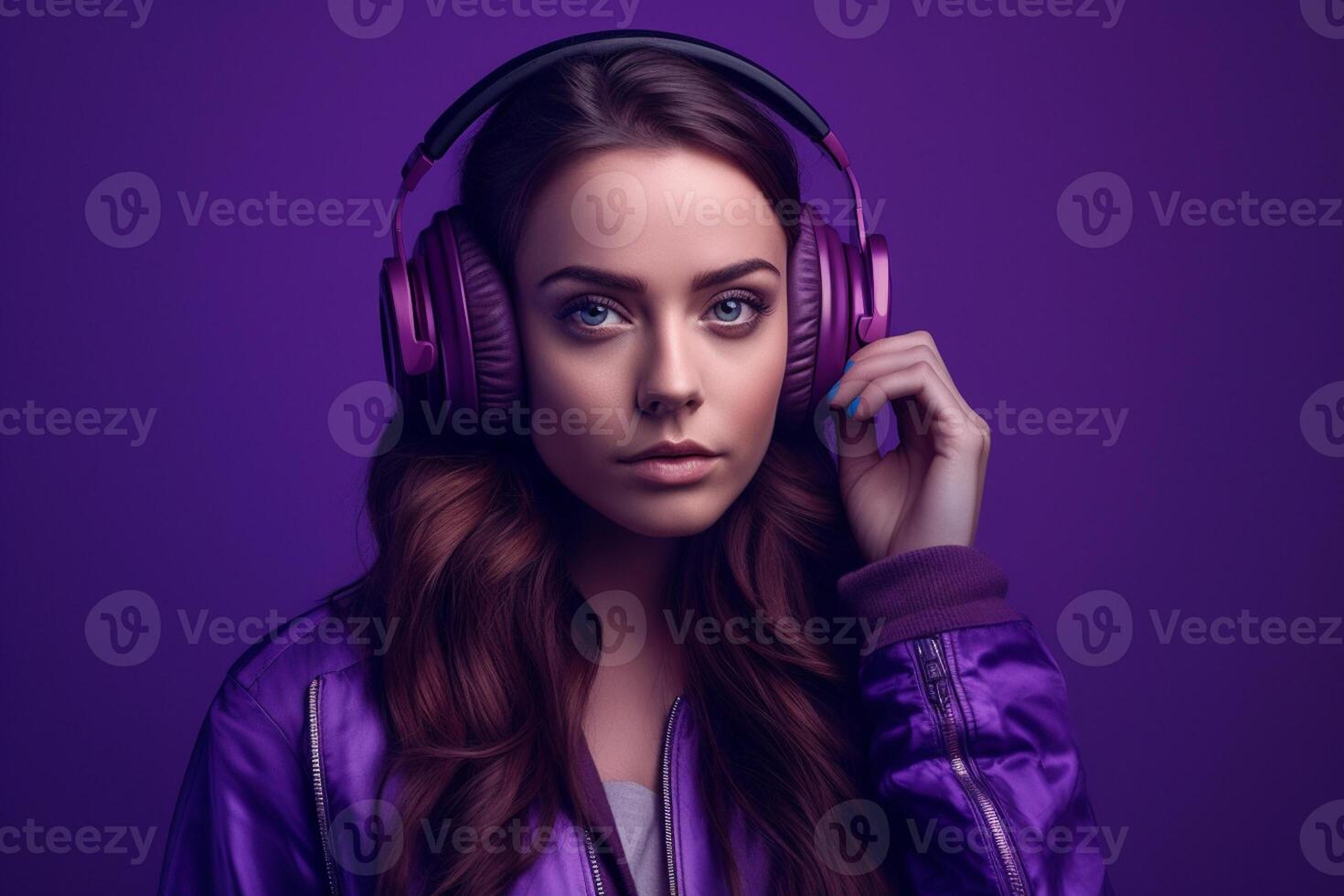 Beautiful young woman listening to music on headphones. Purple background. photo