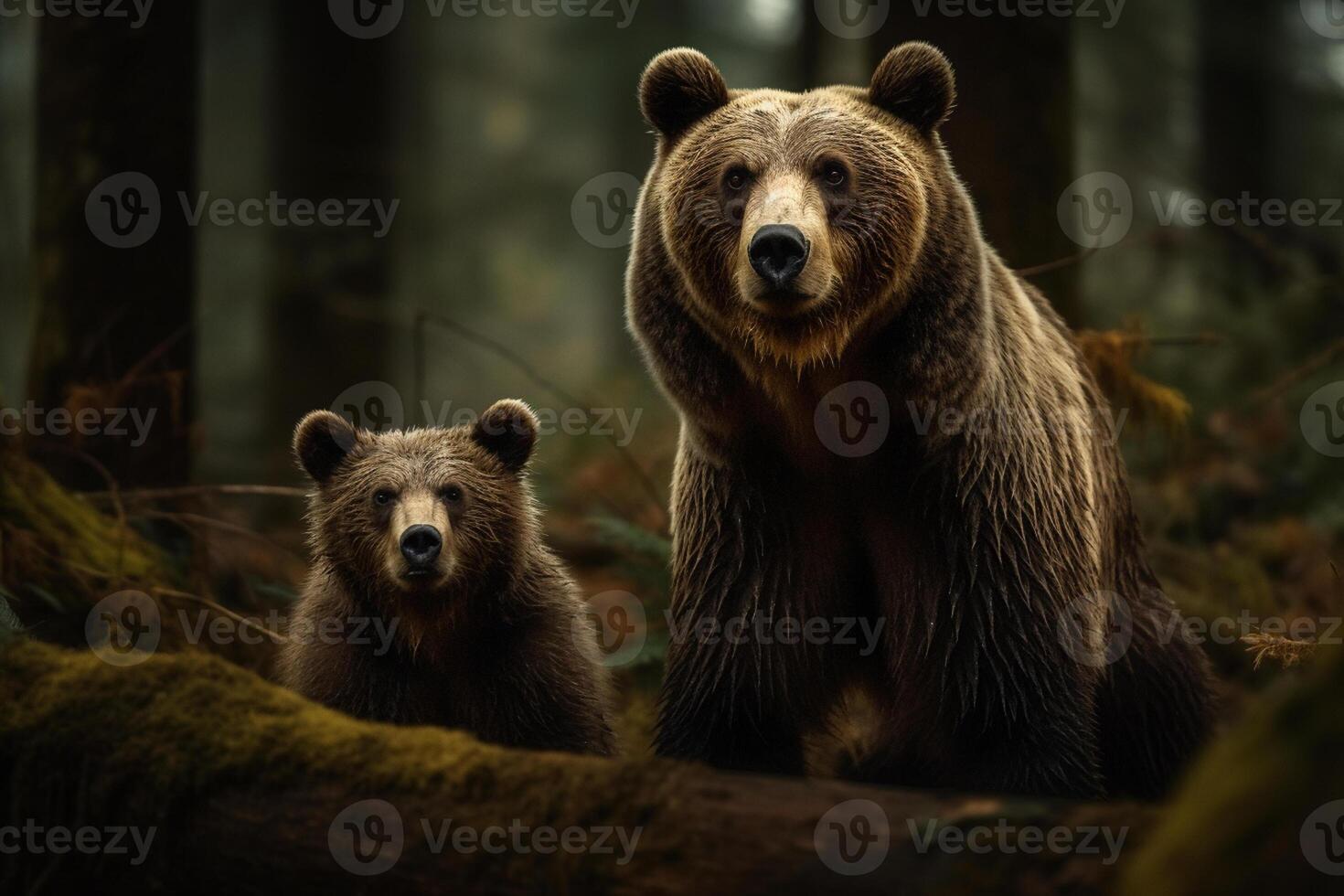 Brown bear and cub in the forest. Wildlife scene from nature photo