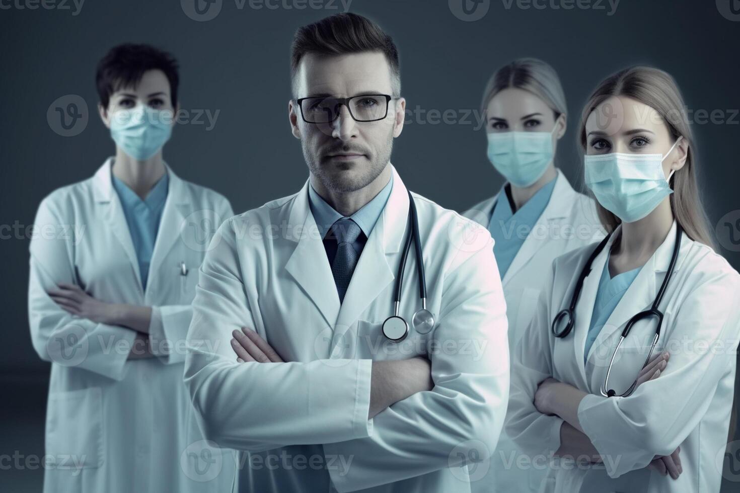 Portrait of confident medical team standing with arms crossed in modern hospital photo